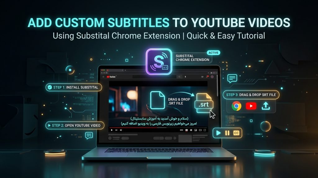 آموزش گام‌به‌گام اضافه کردن فایل زیرنویس SRT به ویدیوهای یوتیوب با افزونه کروم Substital